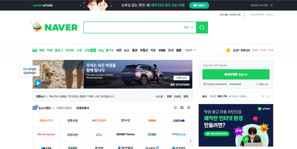 Top search engines, Naver homepage.